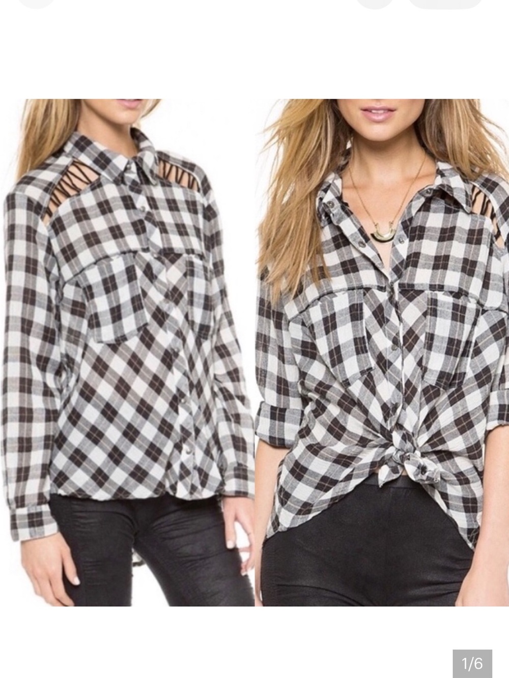 Free People Plaid Lace Up Shoulder Snap Up Shirt - Picture 2 of 8